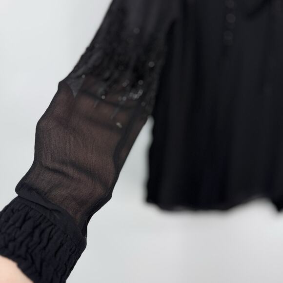 ecru Beaded Chiffon Top Women size XS Black Long sleeve Pullover - Picture 4 of 10